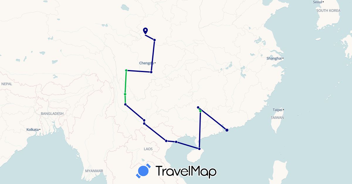 TravelMap itinerary: driving, bus in China, Hong Kong, Vietnam (Asia)